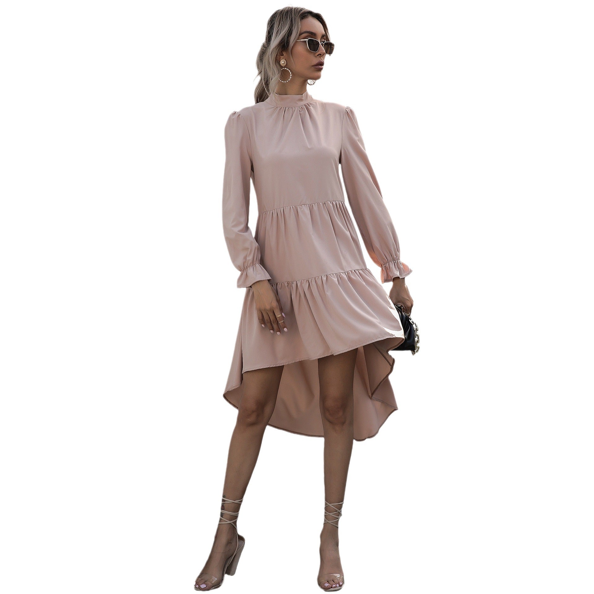 Europe, America, hot-selling  independent station  fashion women's clothing solid color long-sleeved irregular semi-turtleneck dress