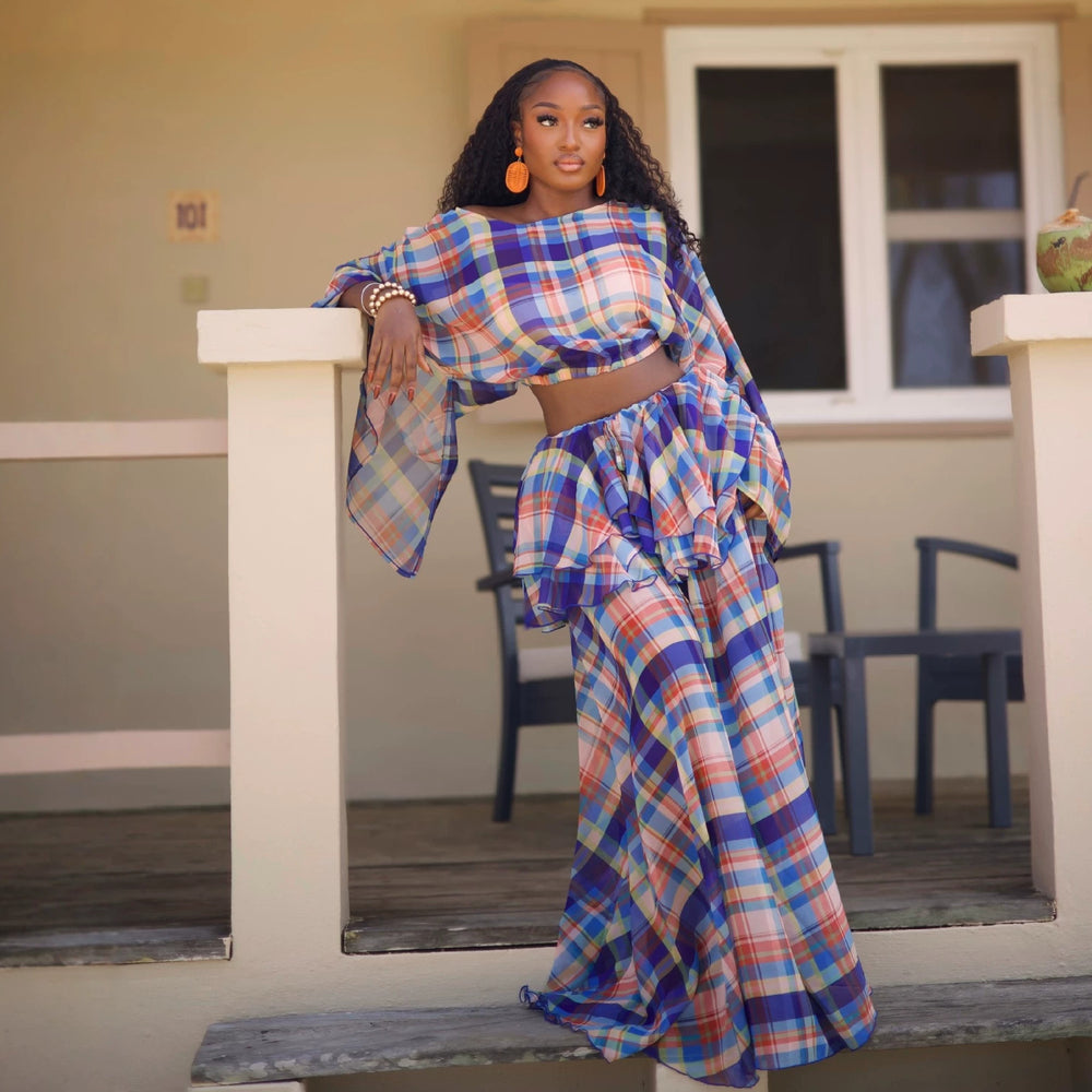 European and american cross-border women's clothing  summer new fashion retro print plaid shirt ruffle hem skirt set