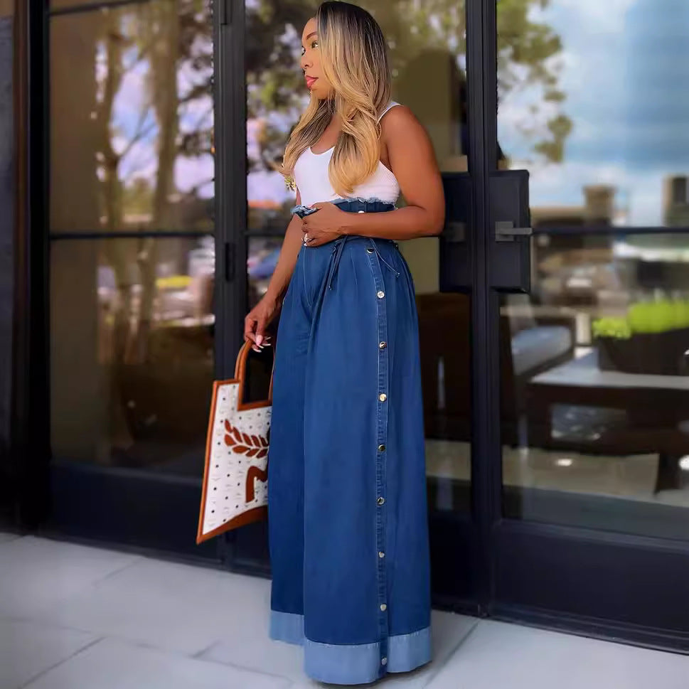 European and american style high-waisted straight-leg jeans -  cross-border women's fashion streetwear casual drawstring elastic wide-leg pants