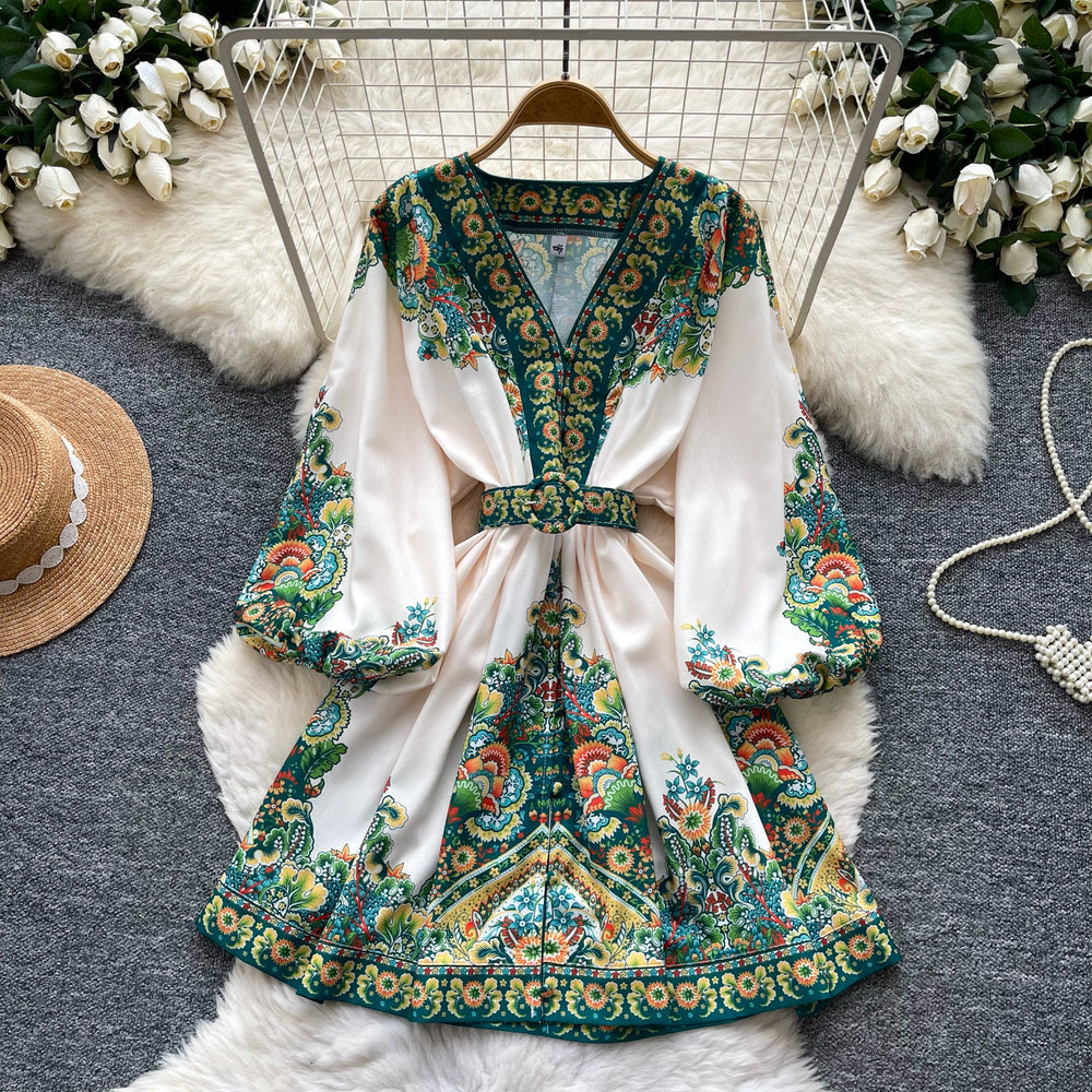 Vintage print v-neck long sleeve bodycon dress - women's summer tie-waist slimming a-line dress - office & casual wear