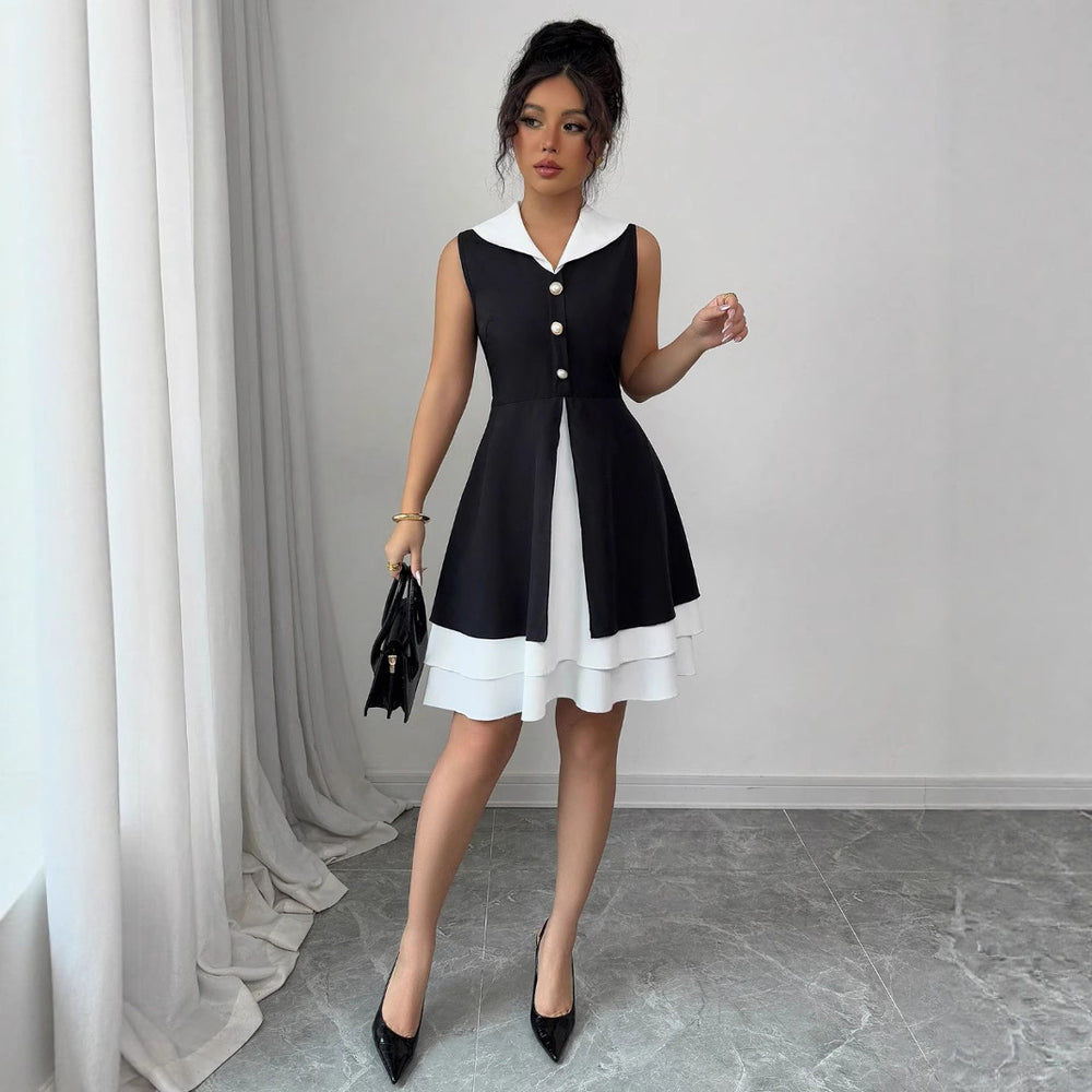 Sleeveless tweed style silmdress women's  summer waist slimming lookelegant hem contrast color vest short skirt