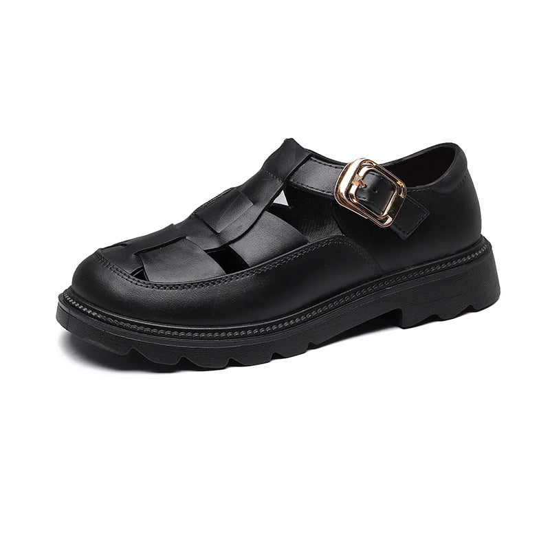 Roman sandals women's 2023 summer flats thick sole british style woven women's shoes toe cap cut out pig cage shoes low heel
