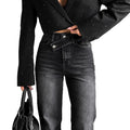fashion style hot-selling black and gray jeans women's diagonal buckle high waiststraight-leg trousers slit at the hem micro-elastic jeans