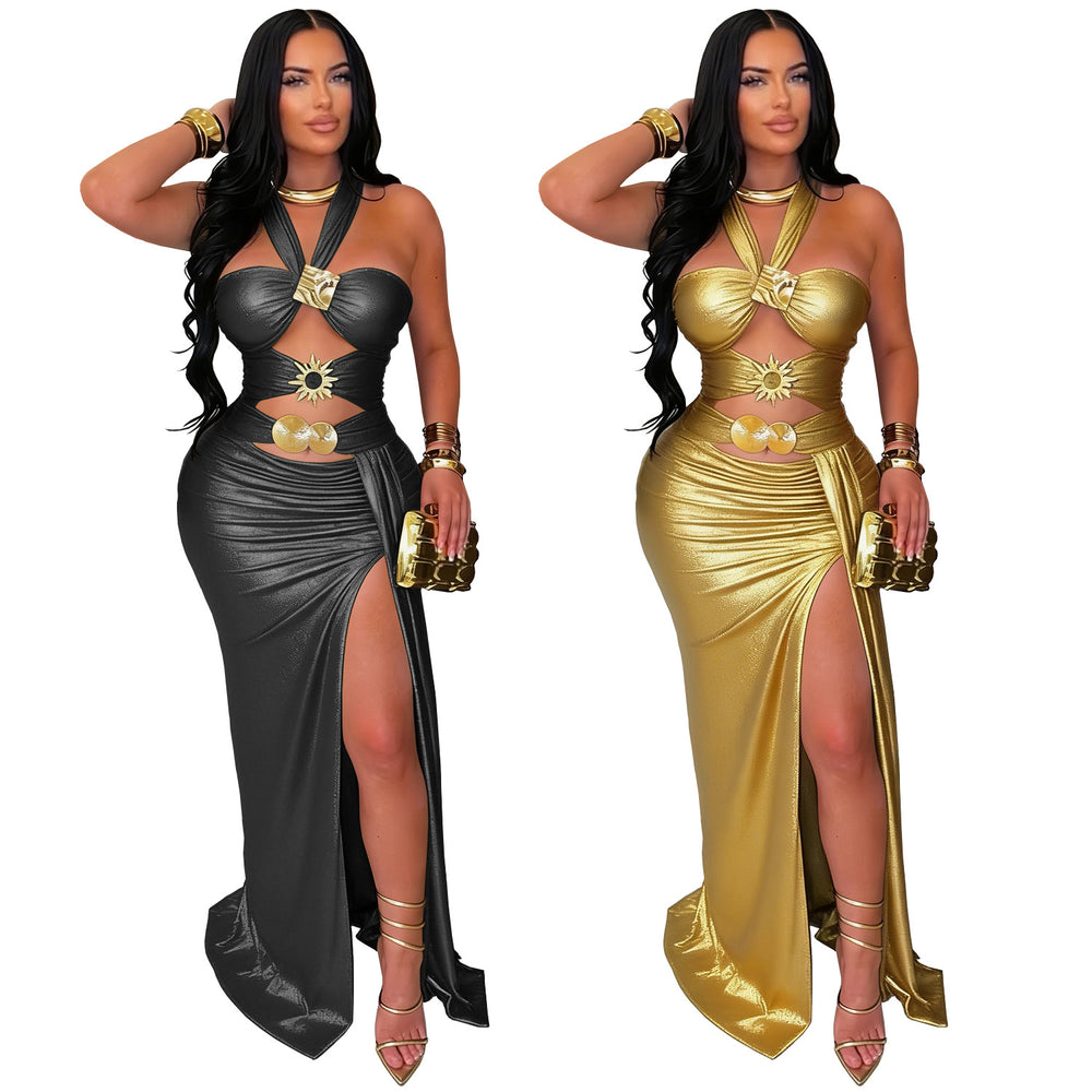 C7666 cross-border   fashion women's elegant sexy lace-up backless bodycon dress