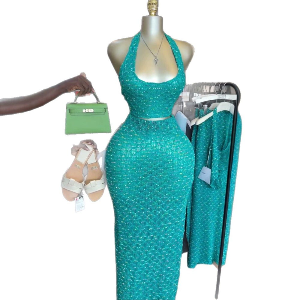 European and american cross-border women's fashion:  summer new arrivals - sexy halter neck, backless, sleeveless top and high-waisted midi skirt set