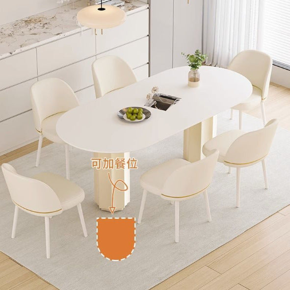 Cream style household rock slab oval dining table small apartment modern simple Internet celebrity light luxury family pure white rice table and chairs