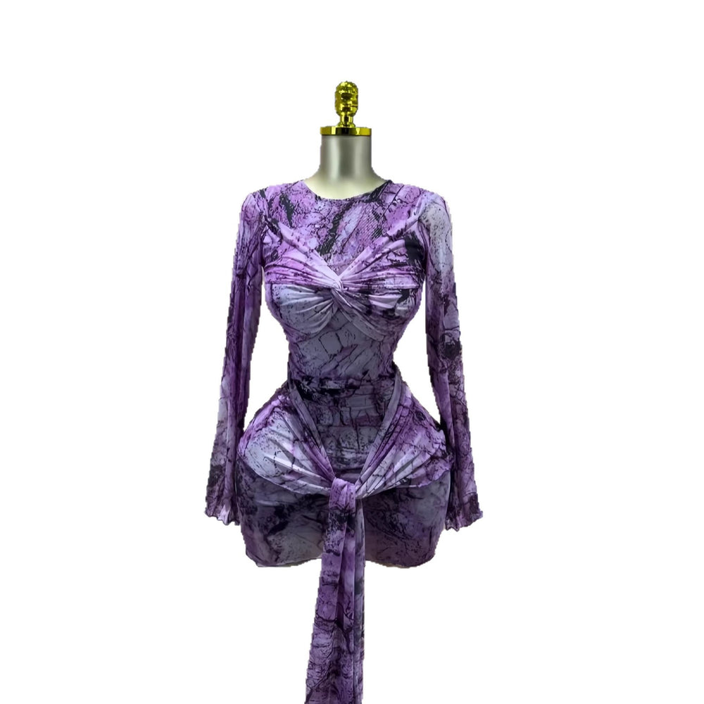 European and american cross-border women's fashion:  spring new arrival - long sleeve crew neck bandeau waist cincher ribbon detail bodycon mini dress