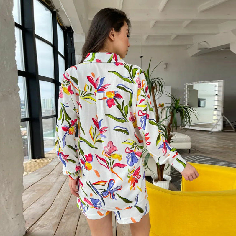 European and American large-size women's clothing fashion lapel cardigan shirt casual shorts   long-sleeved printing two-piece set women