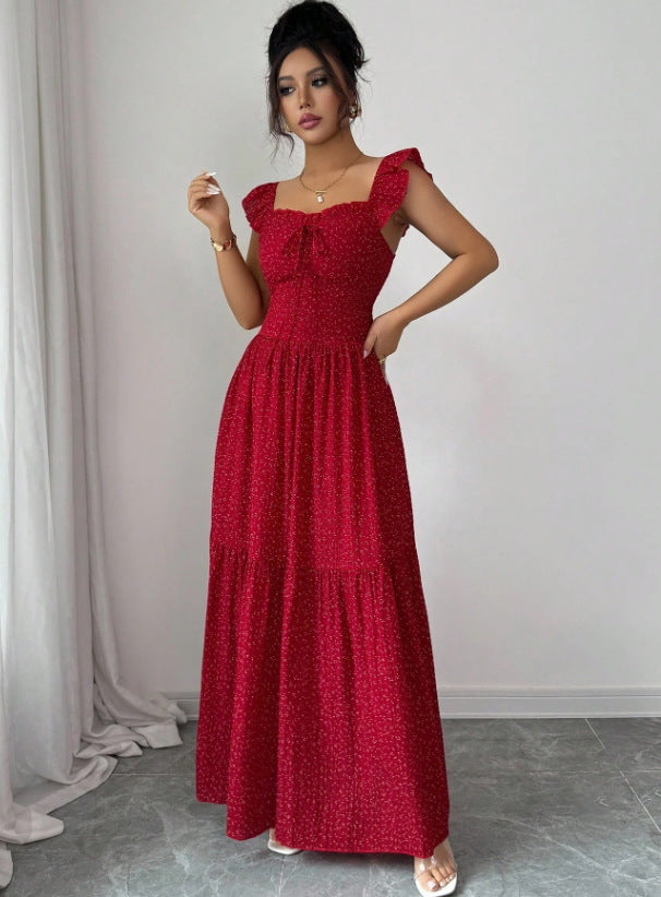 hot selling red polka dot backless dress women's summer new arrival waist slimming beach vacation style long dress