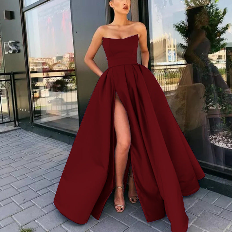 new european and american export style evening gown - sexy bandeau slit maxi dress for performances, banquets, and hostesses