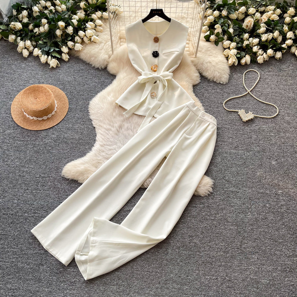 Commute style sleeveless two-piece set for women,  summer collection: high-end tie-waist tank top and high-waisted wide-leg pants set