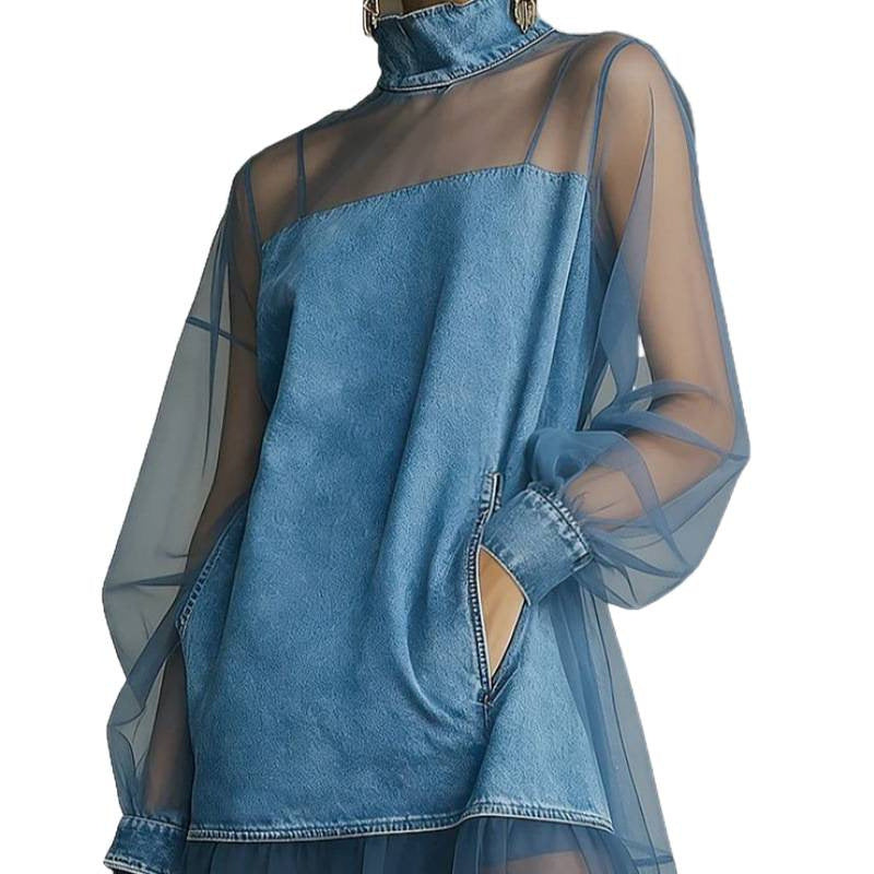 Amazon european style urban minimalist lantern sleeve patchwork faux collar denim mini dress - women's summer slimming dress