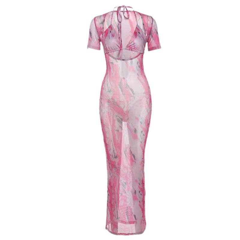 new arrivalfashion ins style  summer short-sleeved sexycut out low-cut fashion hip-covering printingdress