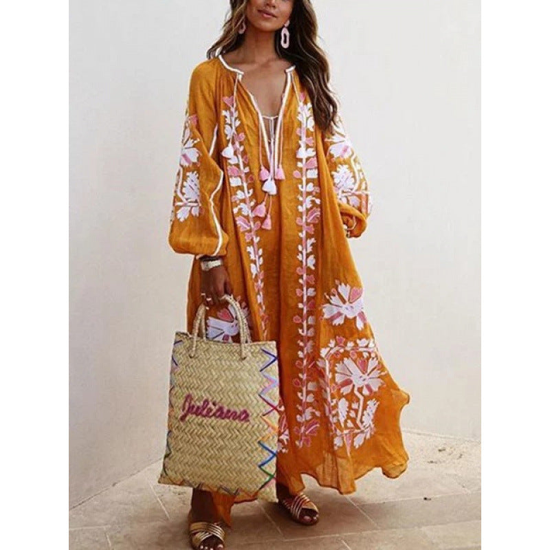 fashion  women's fashionlooselong sleevestie backv neckprinting large swing dress women's dress