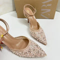 Za summer new women's shoes black shiny mesh sequin embroidery pearl full rhinestone high heel pointed toe slingback mules