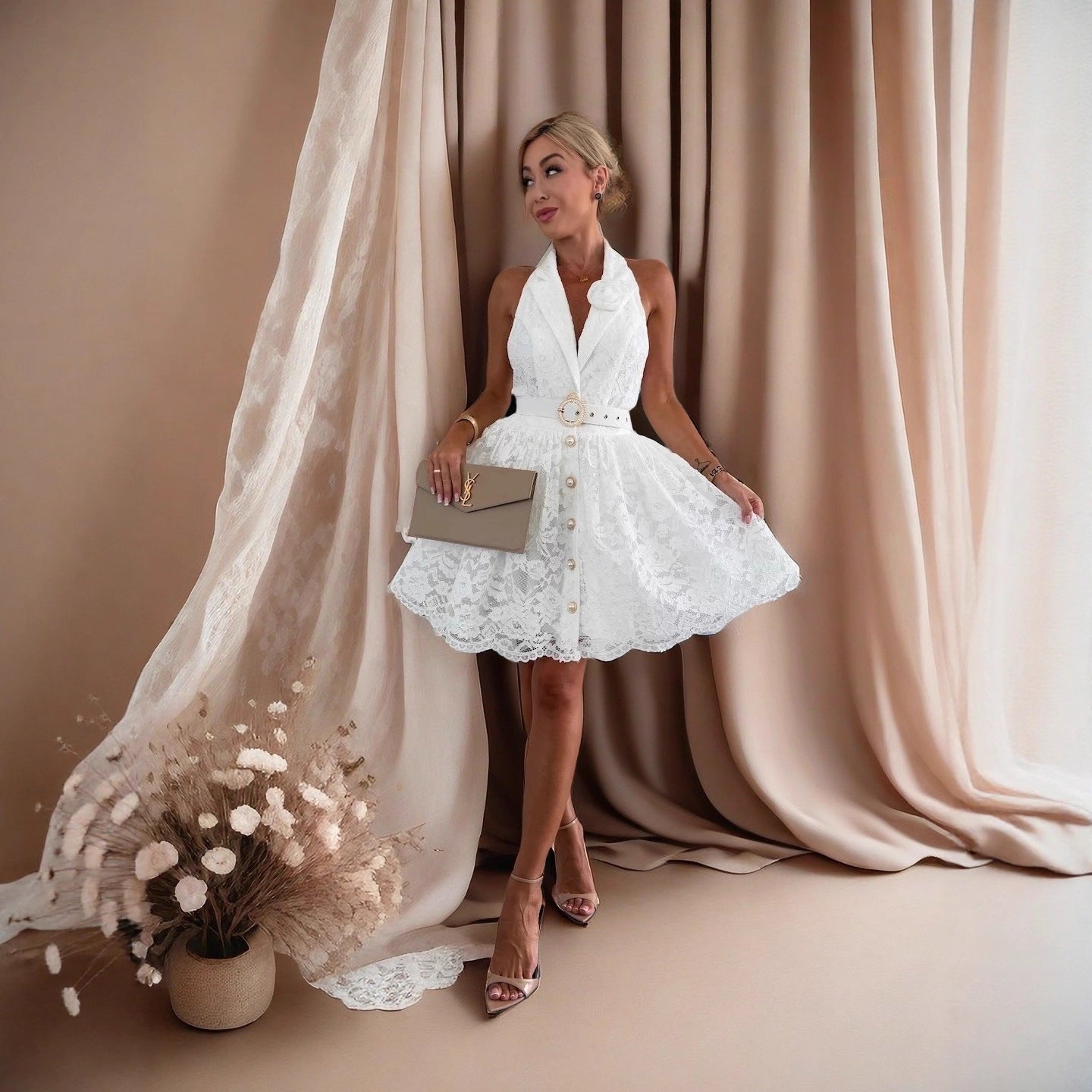 European and American  women's clothing 2025 autumn new solid color sleeveless V-neck neck halter cardigan temperament dress