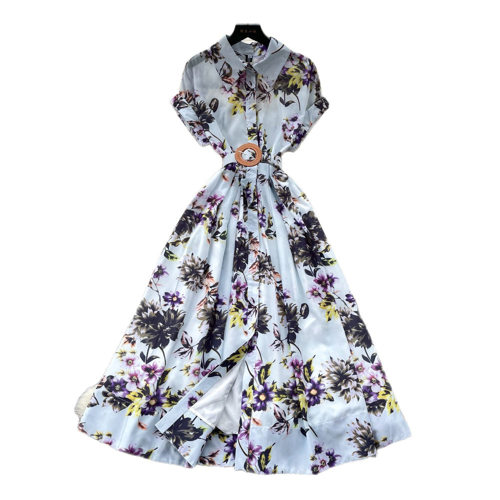 French chic vintage print collared dress - women's summer slimming, figure-flattering, high-waisted, elegant maxi dress
