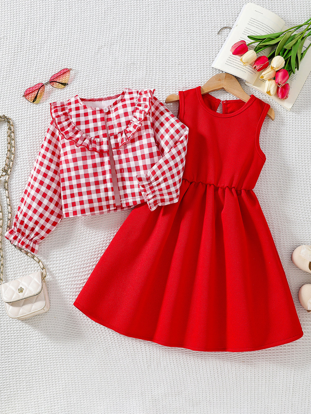 girl suit skirt red vest long skirt plaid doll collar long sleeves outer wear kidstwo-piece set children's skirt