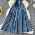 Denim dress women's  new arrival: designer ruffle trim, single-breasted, cinched waist, sleeveless, maxi swing dress