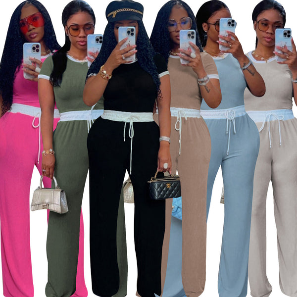 TD2777 Cross-border European and American women's clothing casual street daily rib contrasting color round neck short-sleeved pants set two-piece set