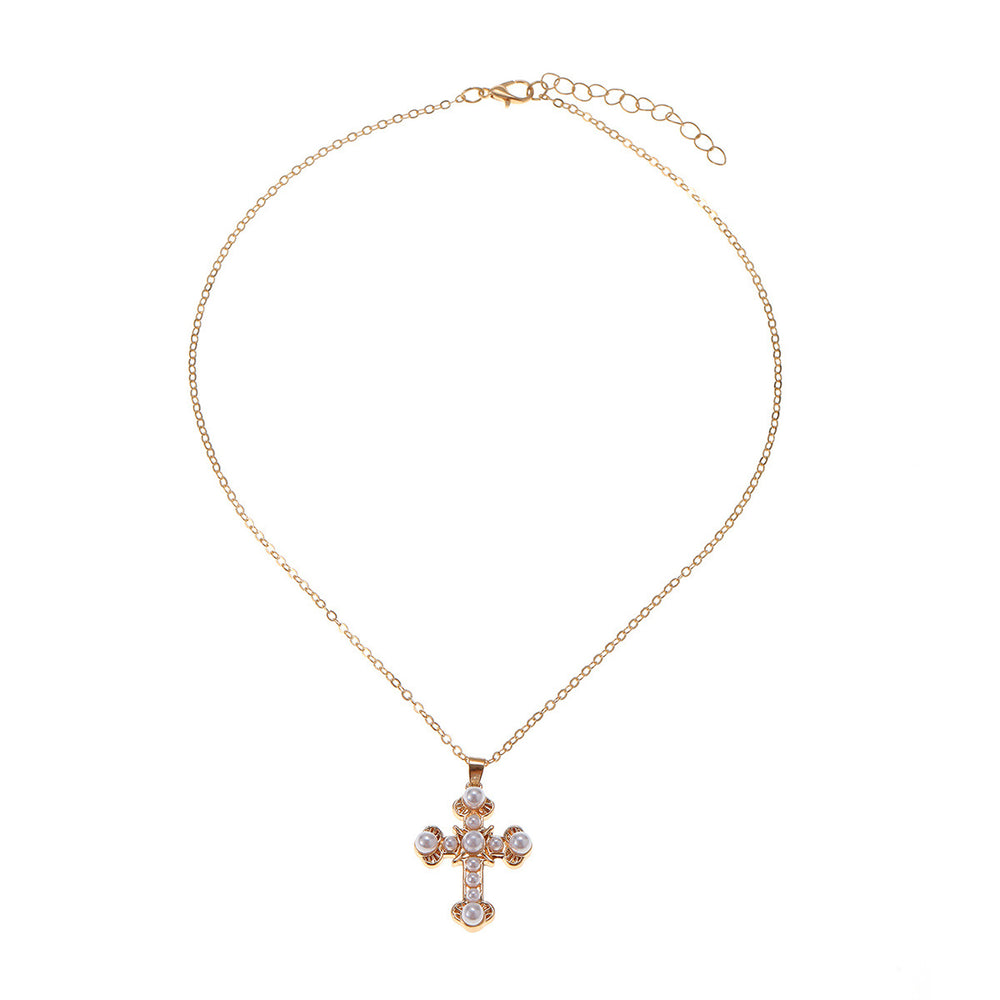 French style inlaid pearl cross pendant wholesale european and american cross-border retro necklace women's accessible luxury nichesweater chain necklace