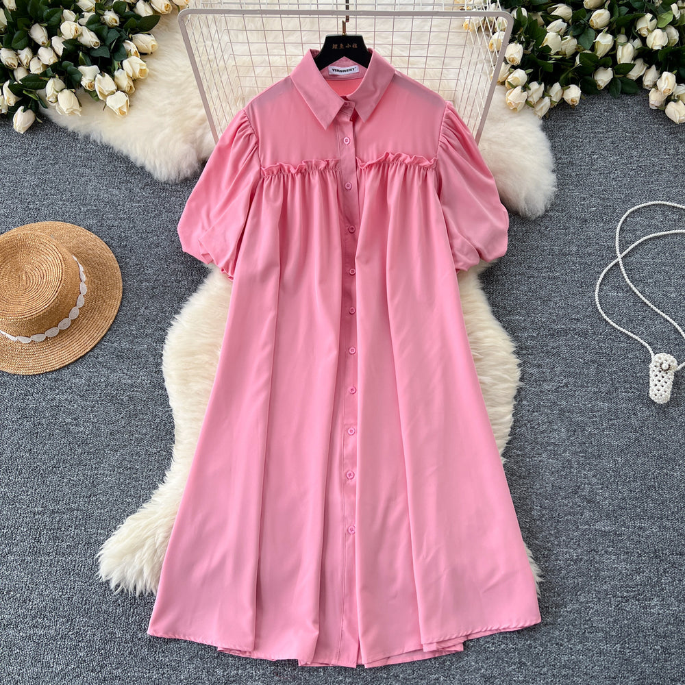 Lazy style dress women's korean style fashionsense of design lantern sleeves pleated single-breasted slimming lookloose shirt skirt