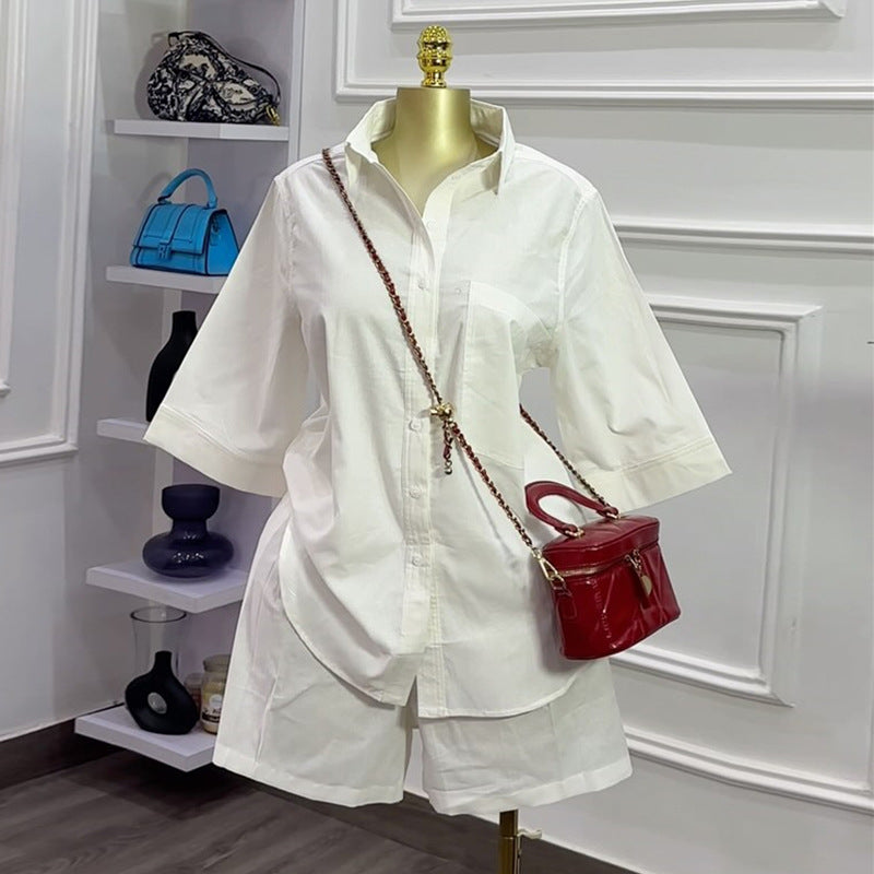 European and american cross-border women's fashion:  autumn new collection - solid color turn-down collar loose-fit short sleeve shirt and wide-leg shorts set