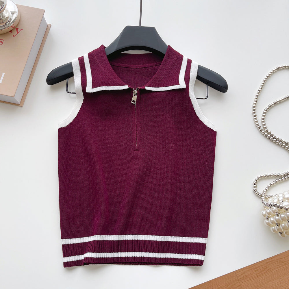Korean ins summer new arrivalfashioncontrast color lapel knitting shirt vest women's silmslimming lookeasiest for match sleeveless tops