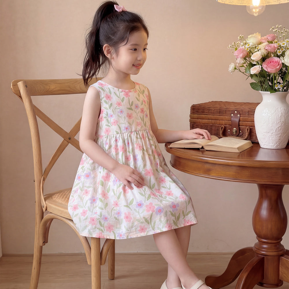 New girls' summer floral cotton silk dress - baby girl casual sweet style princess dress - stylish and trendy children's clothing