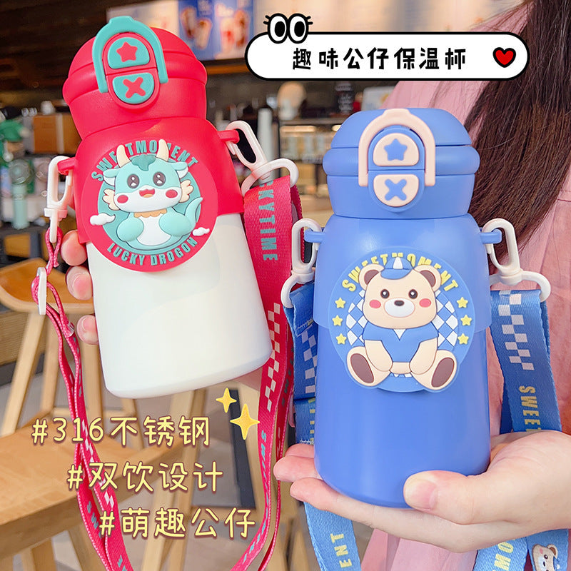 Cartoon cute double-drink kids' thermos cup - 316 stainless steel, food-grade, high-style, portable straw cup