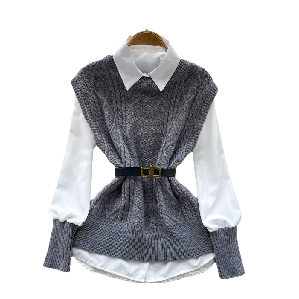 Layered shirt vest women's autumn two-piece set fashioneasiest for match sleeveless cable stitchknitting vest with long sleeves shirt