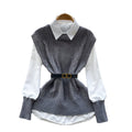 Layered shirt vest women's autumn two-piece set fashioneasiest for match sleeveless cable stitchknitting vest with long sleeves shirt