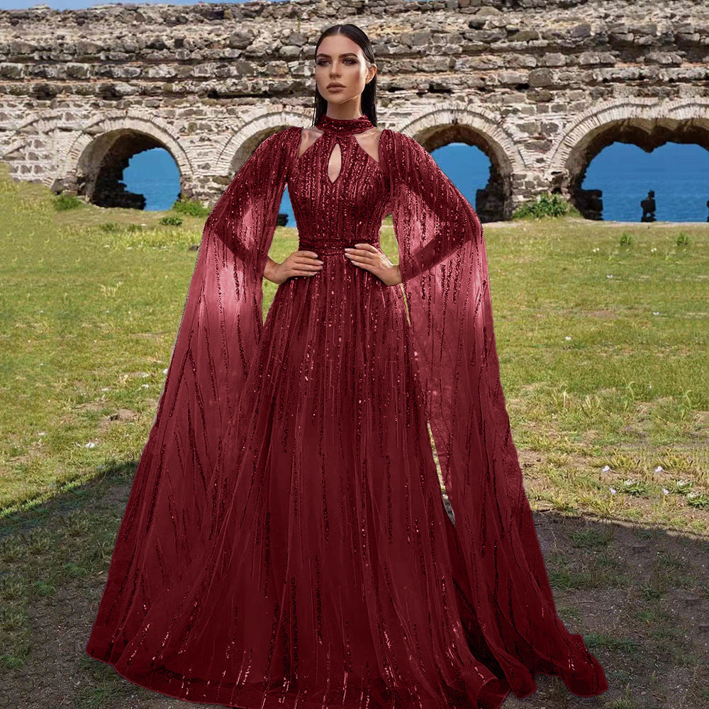 new spring/summer cross-border fashion: european and american style elegant mesh maxi dress with tassel and sequin evening gown