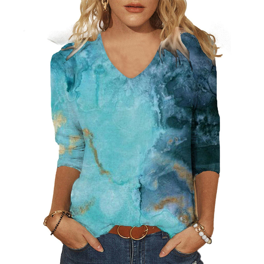 2025 cross-border amazon women's casual printed v-neck 3/4 sleeve t-shirt top - in stock