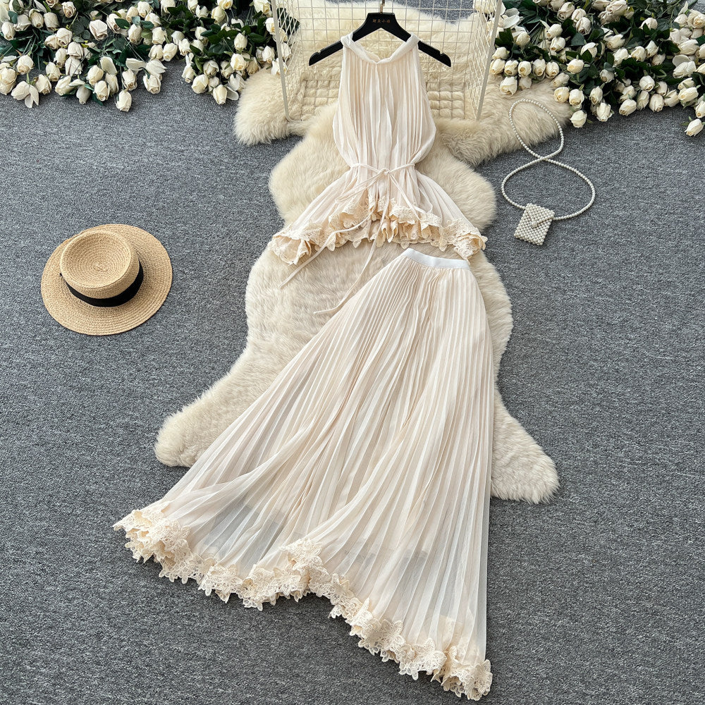 French chic white sleeveless pleated mini dress - summer lace trim, elegant & versatile workwear set