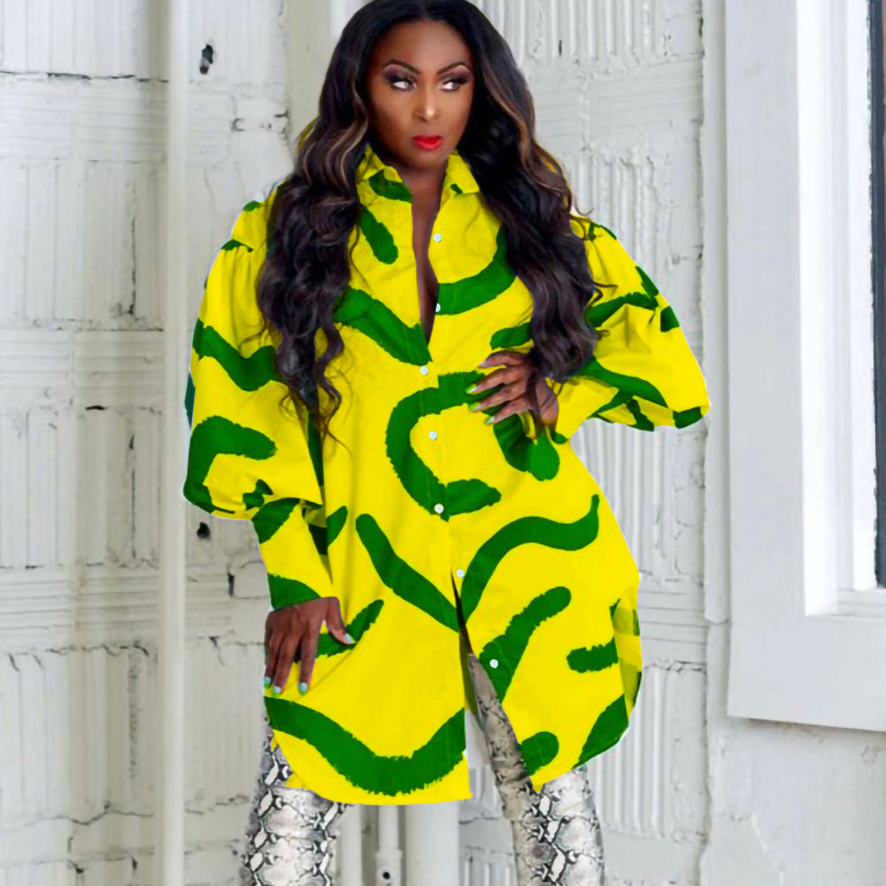 D3072  loose elegantwork clothingprinting lapel european and american large size foreign trade shirt skirt african dress