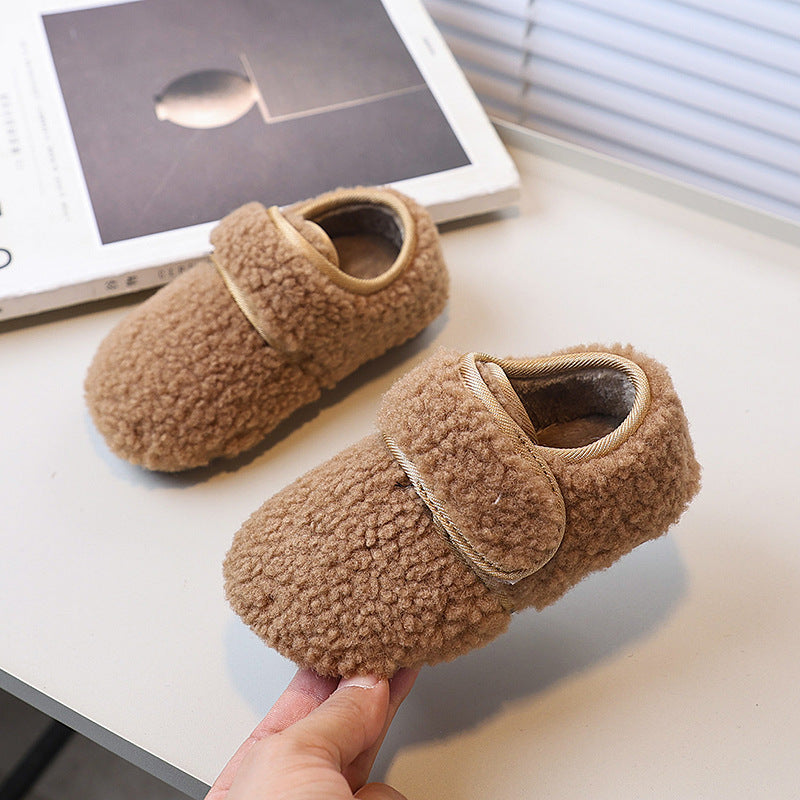 Vancahao girls' fall/winter fleece-lined lambswool outdoor cotton shoes,  new korean style cute fluffy shoes for kids
