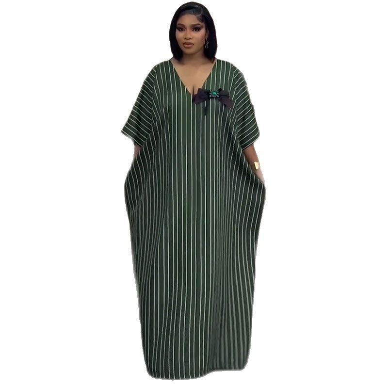 European and american cross-border african women's clothing  spring new arrival: elegant v-neck green striped bowknot loose dress