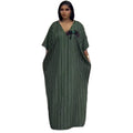 European and american cross-border african women's clothing  spring new arrival: elegant v-neck green striped bowknot loose dress