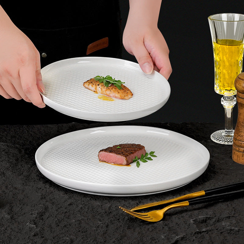 Modern minimalist ceramic steak plate for western cuisine, restaurant, and hotel use - white round porcelain plate, pure white home-use cold dish plate, dinner plate