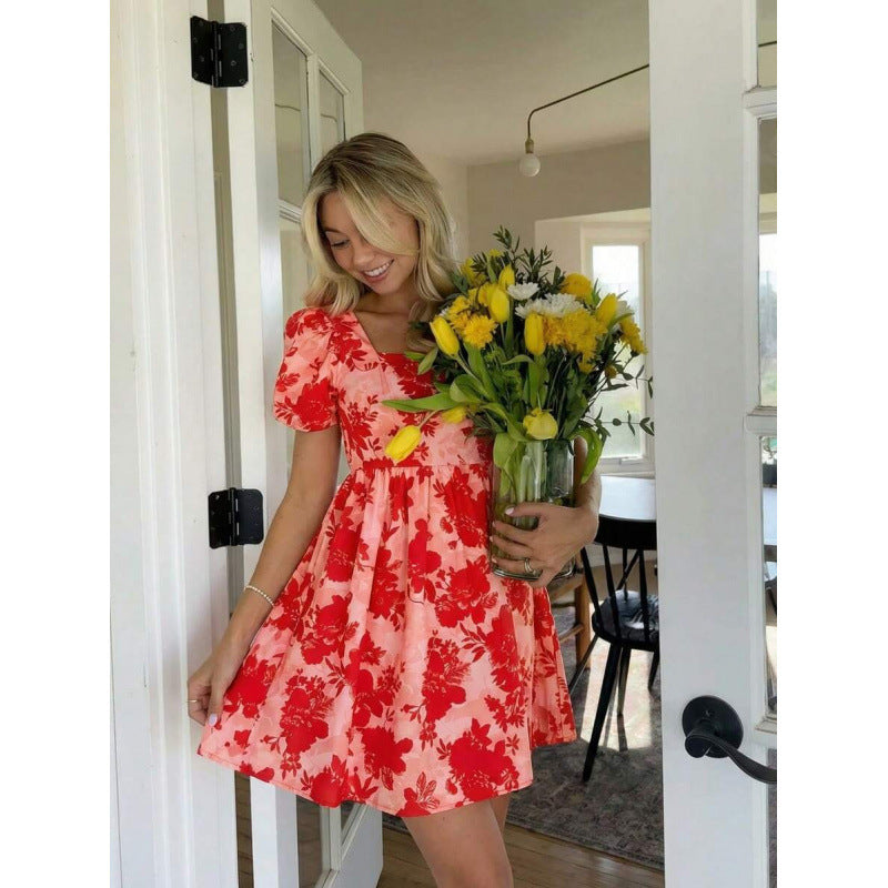 fashionsweetelegant floral casualelegance puff sleeve pastoral style printing holiday dress