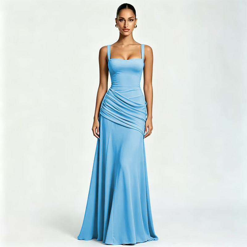 European and american style women's spring  new arrival: elegant solid color low-cut ruched camisole dress with cinched waist and open back - wholesale