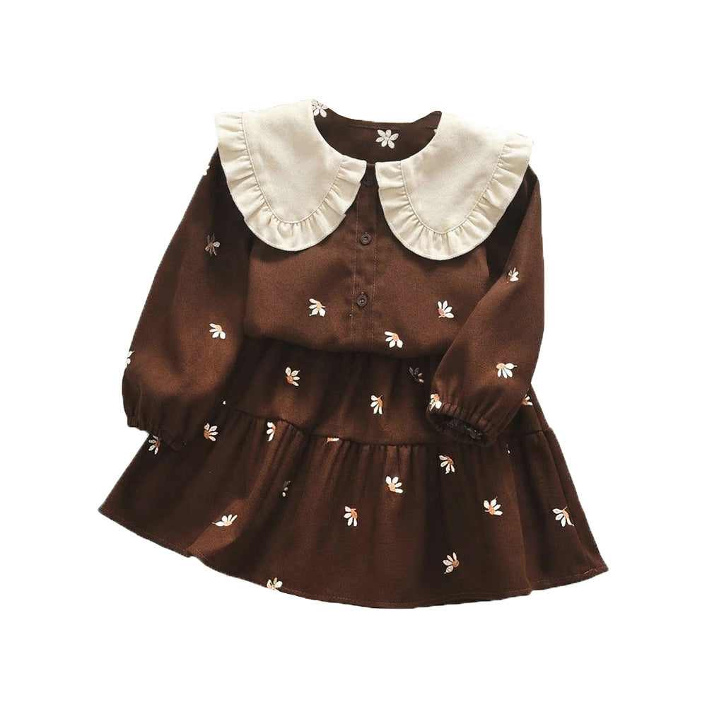 Girls' spring/autumn new set: floral embroidered peter pan collar sweet long-sleeve top and skirt two-piece outfit - cross-border children's clothing