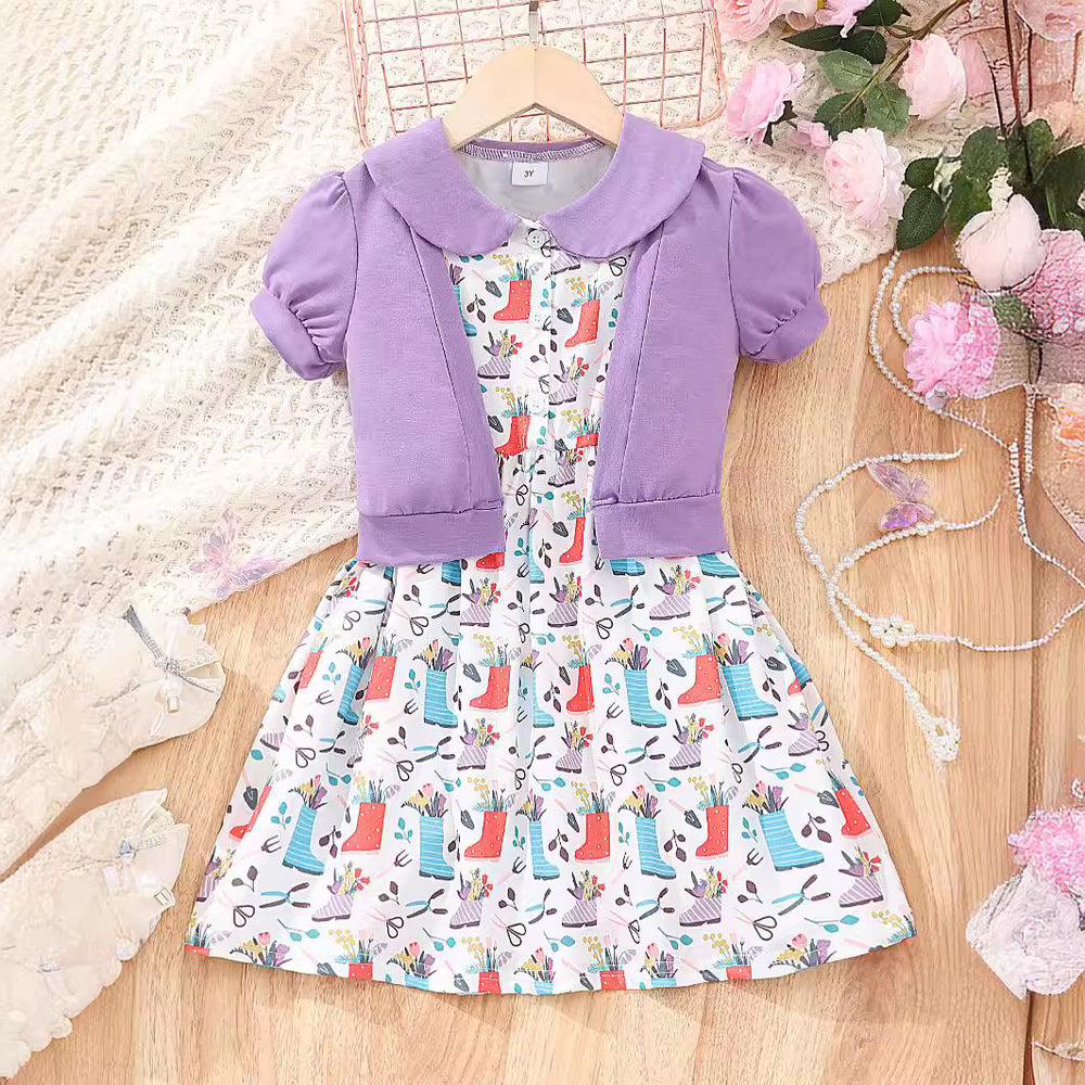 Kids' two-piece set: solid color jacket & printed dress