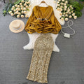 Fashionsuit female socialite elegant lantern long sleevesv neck lotus leaf swing bright shirt female high waistsequin skirt