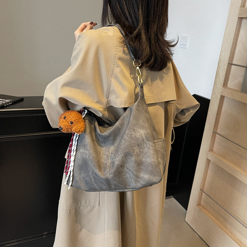 Grey textured large-capacity casual messenger bag 2025 new trendy fashion versatile simple style shoulder bag big bag