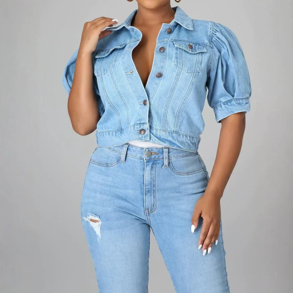 Amazon denim jacket women's hot selling new denim jacket short sleeve fashionable retro denim outerwear cross-border
