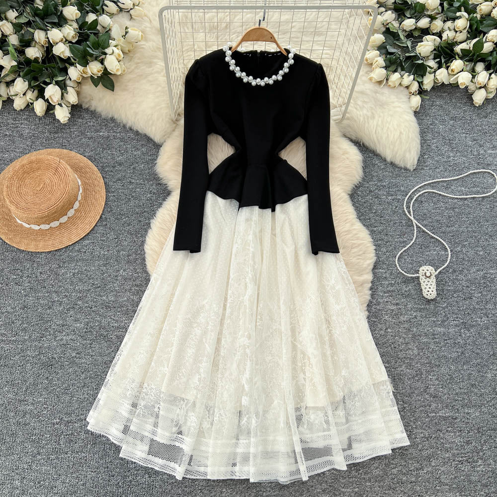 French hepburn style heavy beaded round neck long sleeve lace patchwork dress women's  autumn fitted waist evening gown