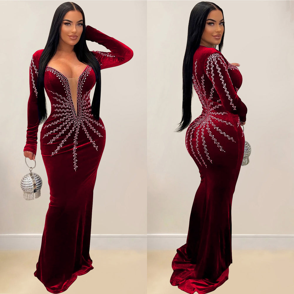 C6827 cross-border   fashion women's solid color sexy rhinestone long sleeve maxi dress