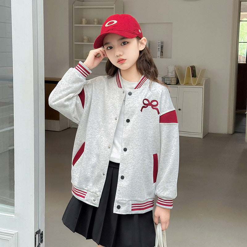 Girls' baseball jacket -  spring/autumn new collection - stylish and versatile crew neck jacket for mid-to-large children - autumn apparel